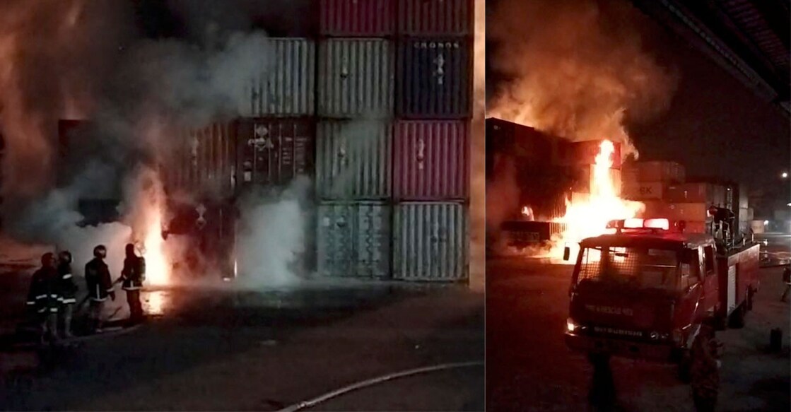 Firefighters try to contain the blaze at the container facilty in Sitakunda, Bangladesh. Screengrab from a video provided by Reuters