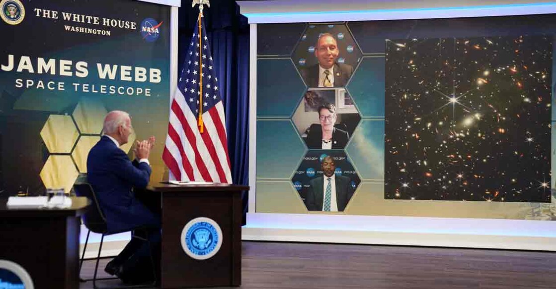 U.S. President Joe Biden applauds upon seeing the first images from the Webb Space Telescope during a briefing from National Aeronautics and Space Administration (NASA) officials at the White House in Washington, U.S., July 11, 2022. REUTERS/Kevin Lamarque