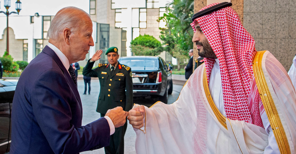 SAUDI-US-POLITICS-DIPLOMACY A handout picture released by the Saudi Royal Palace on Friday shows Saudi Crown Prince Mohammed bin Salman (right) bump fists with US President Joe Biden at Al-Salam Palace in the Red Sea port of Jeddah. Photo: Bandar Al-Jalous/ Saudi Royal Palace/ AFP