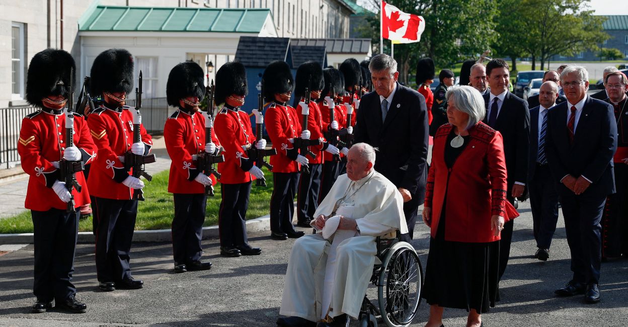 Pope Francis attends a welcome ceremony at the Residence of the Governor General of Canada at the Citadelle in Quebec City, Canada July 27, 2022. PHOTO: Reuters