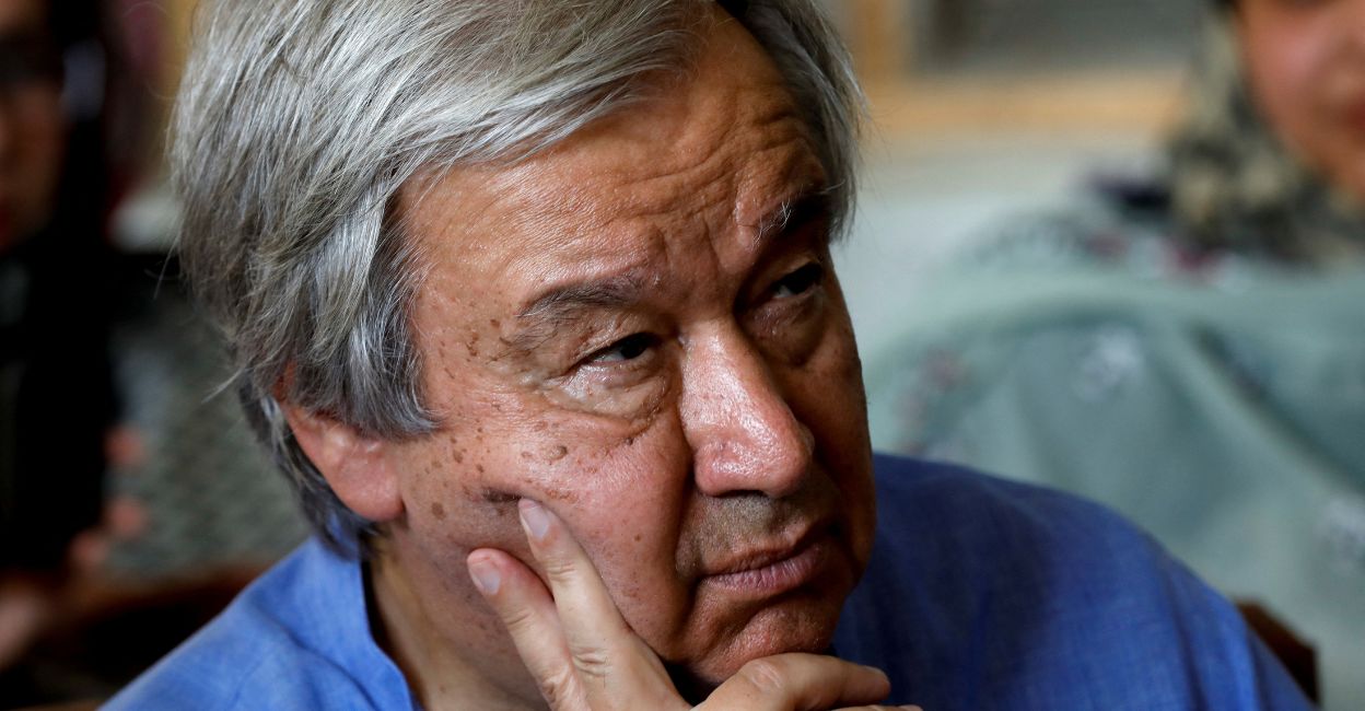 UN Secretary-General Antonio Guterres listens to first response health workers during a presentation, following rains and floods during the monsoon season in Larkana, Pakistan September 10, 2022. File Photo: Reuters/Akhtar Soomro
