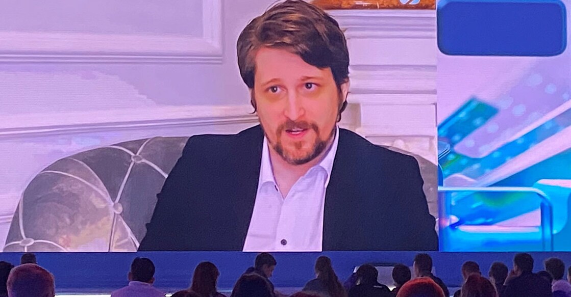 Former contractor of US National Security Agency Edward Snowden is seen on a screen during his interview presented via video link at the New Knowledge educational online forum in Moscow, Russia in September, 2021. Photo: Reuters/ Olesya Astakhova