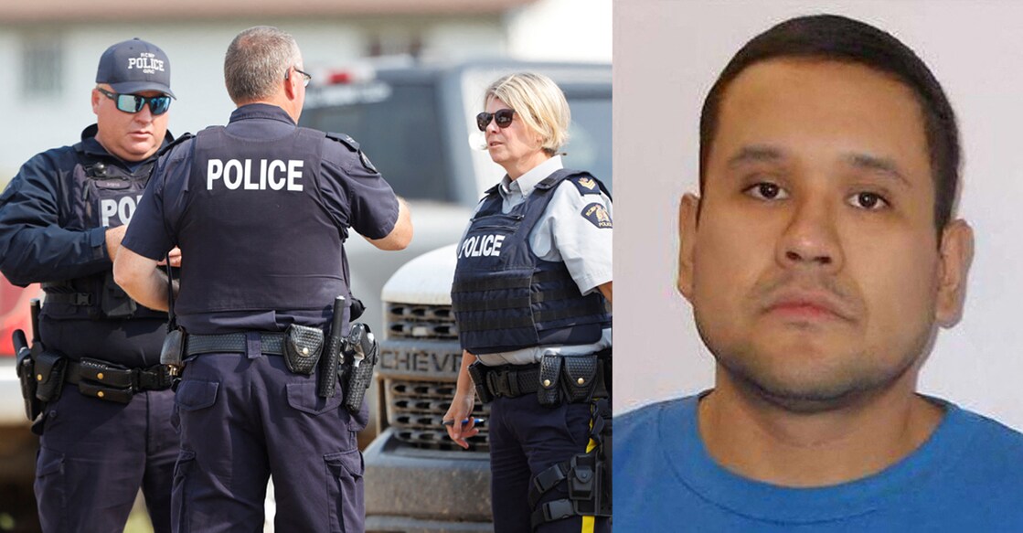 Photo1 : Royal Canadian Mounted Police (RCMP) officers at James Smith Cree Nation talk after multiple people were killed and injured in a stabbing spree on the reserve and nearby town of Weldon, Saskatchewan, Canada September 5, 2022; Photo 2: Myles Sanderson, who is named by the RCMP as suspect in stabbings in Canada's Saskatchewan province. Photo: Reuters