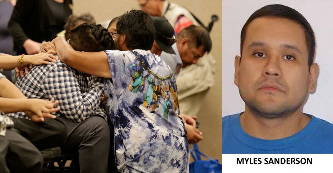 Friends and relatives of Bonnie Burns, who was killed on at James Smith Cree Nation, comfort one another at a news conference in Saskatoon, Saskatchewan, Canada, on September 7, 2022 (left) REUTERS/Valerie Zink. The suspect Myles Sanderson (right) in handout released by Royal Canadian Mounted Police. 