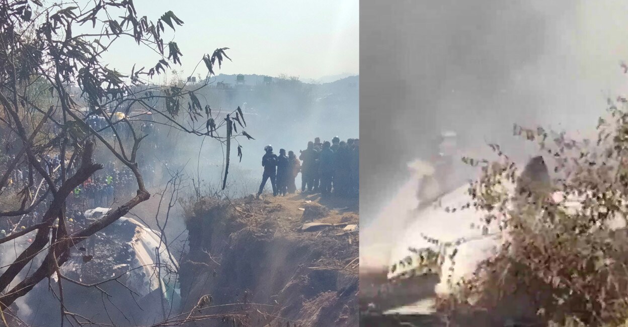 While landing at the Pokhara airport, the aircraft crashed on the bank of the Seti River between the old airport and the new airport. Photo: Reuters & ANI