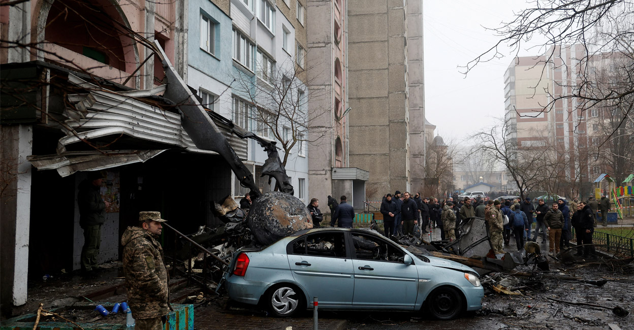 ukraine-crash A view shows the site where a helicopter falls on civil infrastructure buildings, amid Russia's attack on Ukraine, in the town of Brovary, outside Kyiv, Ukraine on Wednesday. Photo: Reuters/ Valentyn Ogirenko