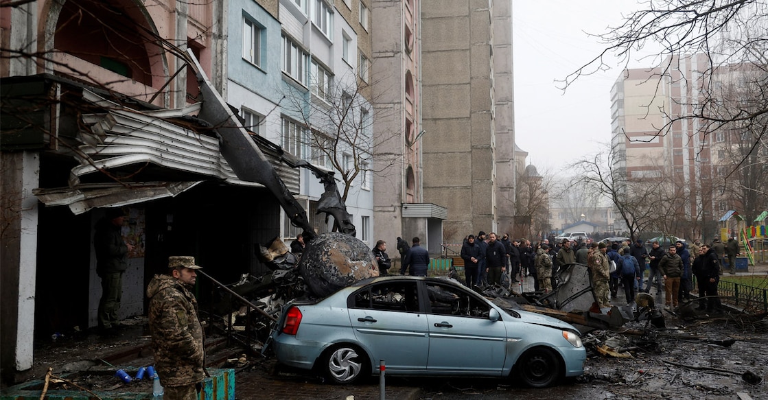 A view shows the site where a helicopter falls on civil infrastructure buildings, amid Russia's attack on Ukraine, in the town of Brovary, outside Kyiv, Ukraine on Wednesday. Photo: Reuters/ Valentyn Ogirenko