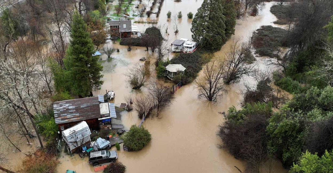 The view from a drone of flooded properties after rainstorms swelled Scotts Creek in Upper Lake, California, U.S., January 5, 2023. REUTERS/Fred Greaves