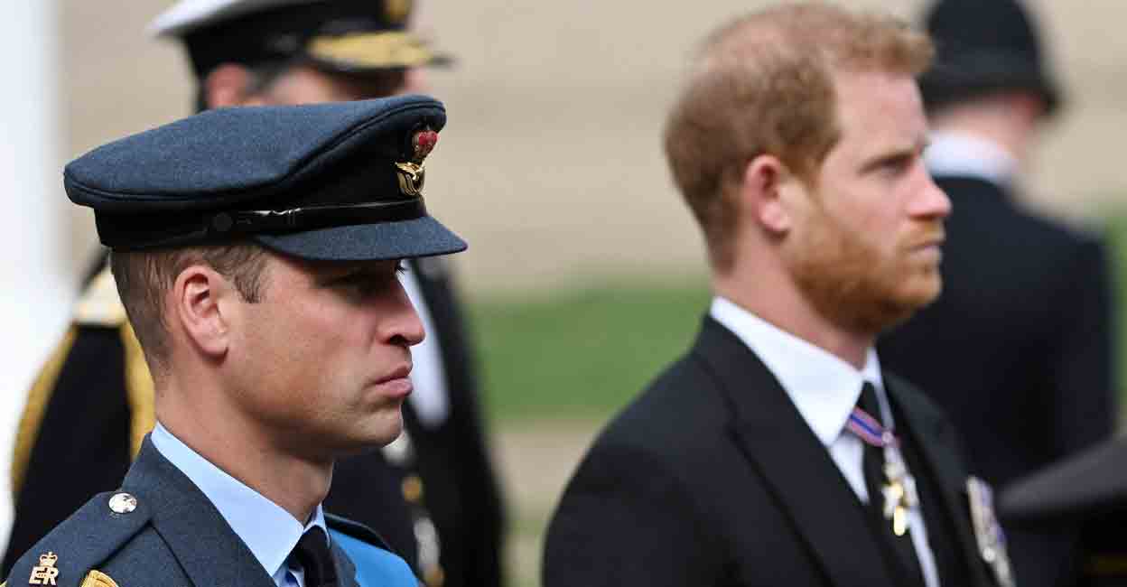 Prince William, Prince of Wales and Prince Harry, Duke of Sussex follow behind The Queen's funeral cortege borne on the State Gun Carriage of the Royal Navy as it leaves Westminster Abbey on September 19, 2022 in London, England. FILE PHOTO: Reuters