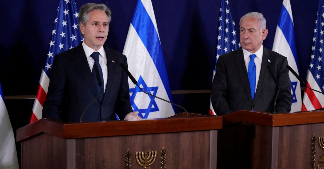 U.S. Secretary of State Antony Blinken and Israel’s Prime Minister Benjamin Netanyahu make statements to the media inside The Kirya, which houses the Israeli Ministry of Defense, after their meeting in Tel Aviv, Israel on Thursday. Photo: Reuters/Jacquelyn Martin