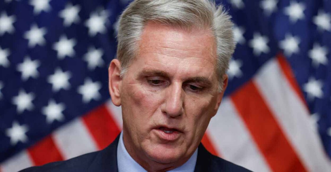 Former Speaker of the House Kevin McCarthy (R-CA) speaks to reporters after he was ousted from the position of Speaker by a vote of the House of Representatives at the U.S. Capitol in Washington, U.S. October 3, 2023. Photo: REUTERS/Jonathan Ernst