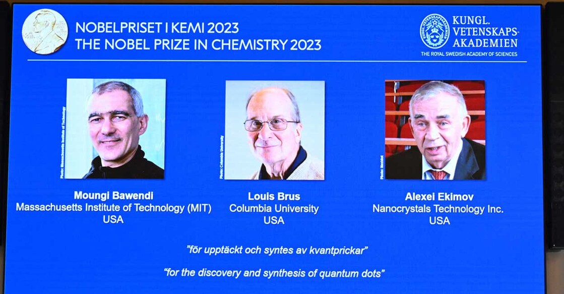 A screen shows this year's laureates US Chemist Moungi Bawendi, US Chemist Louis Brus and Russian physicist Alexei Ekimov during the announcement of the winners of the 2023 Nobel Prize in chemistry at Royal Swedish Academy of Sciences in Stockholm on October 4, 2023. Photo: Jonathan Nackstrand/AFP
