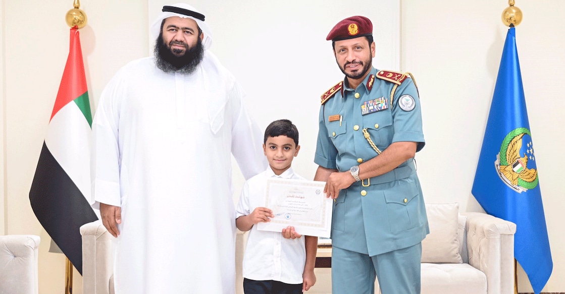 sharjah-police-honours-hero-boy Ali Muhammad bin Harb Al-Muhairi was honoured by the Sharjah Police for his heroic action that saved a life. Photo: Facebook/@ShjPolice