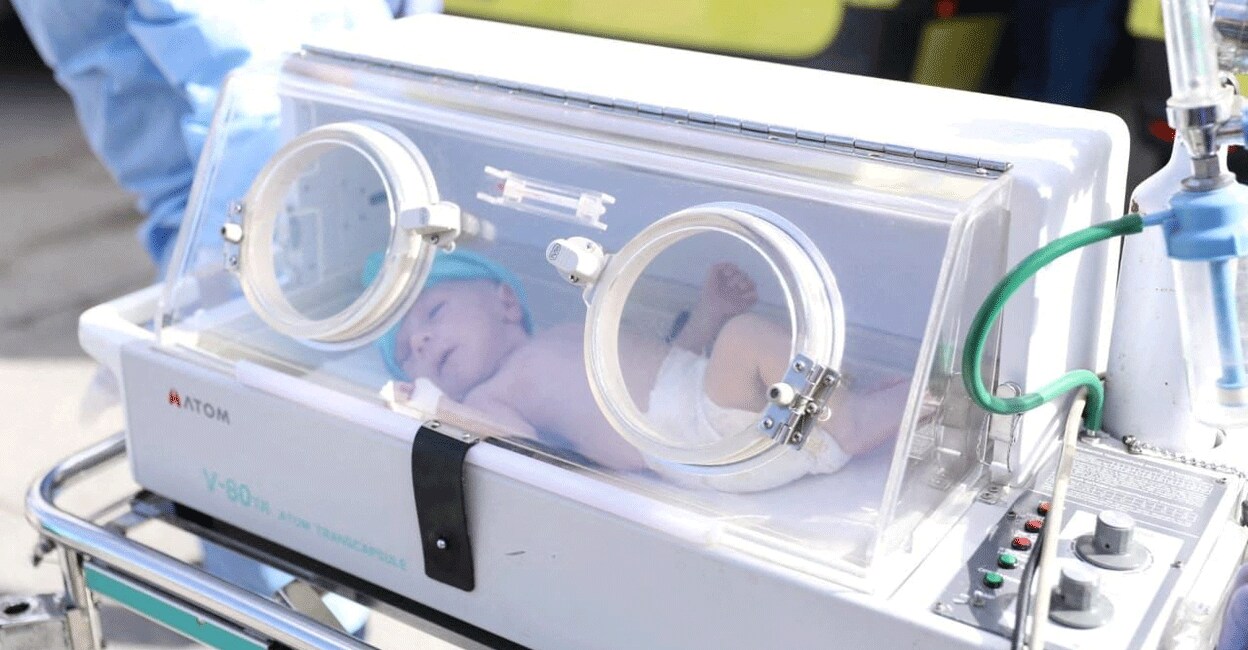 A premature Palestinian baby, evacuated from Gaza, lies inside an incubator on the Egyptian side of the Rafah border on November 20, 2023. Photo: Courtesy Egyptian Health Ministry/Handout via Reuters