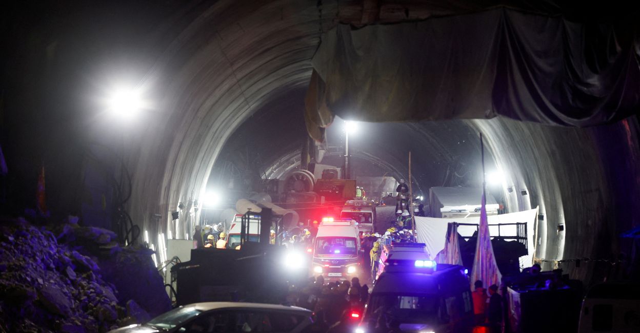 uttarkashi-tunnel-collapse-1 Ambulances move inside a tunnel where rescue operations were underway to rescue trapped workers. Photo: Reuters/Francis Mascarenhas