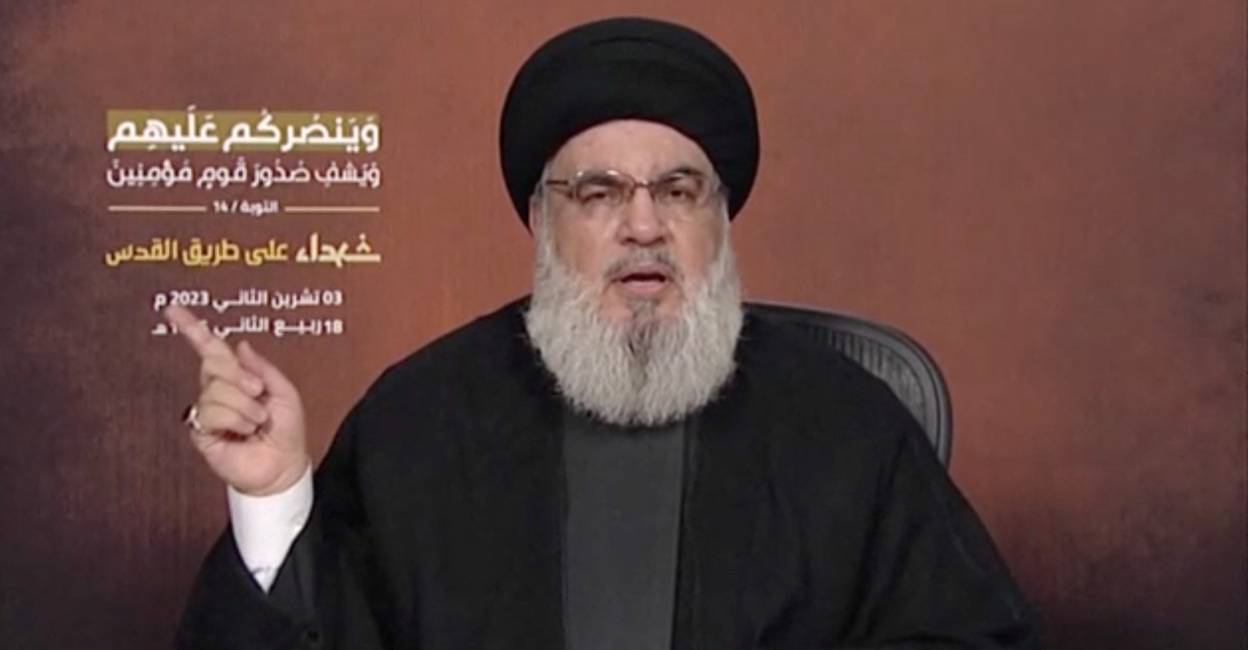 Hezbollah leader Sayyed Hassan Nasrallah delivers his first address since the October conflict between Palestinian group Hamas and Israel, from an unspecified location in Lebanon. Photo: Reuters