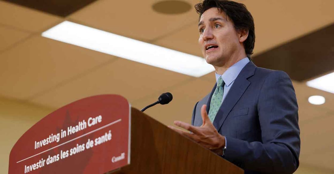 Canada's Prime Minister Justin Trudeau, with federal cabinet ministers, takes part in a news conference after touring a medical training facility in Ottawa, Ontario, Canada, February 7, 2023. Photo: Reuters/Blair Gable