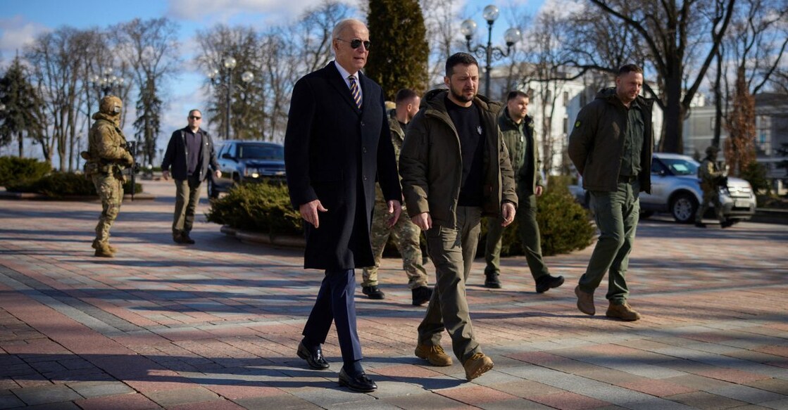 US President Joe Biden walks with Ukrainian President Volodymyr Zelenskiy during an unannounced visit, in Kyiv, Ukraine, Monday, Feb. 20, 2023. Evan Vucci/Pool via REUTERS