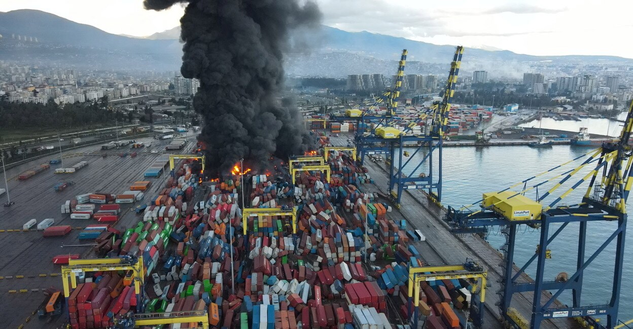 turkey-add-2 Black smoke from a fire is seen at the Iskenderun port after an earthquake in Iskenderun, Turkey, on Tuesday. Photo: Serday Ozsoy/Depo Photos via REUTERS