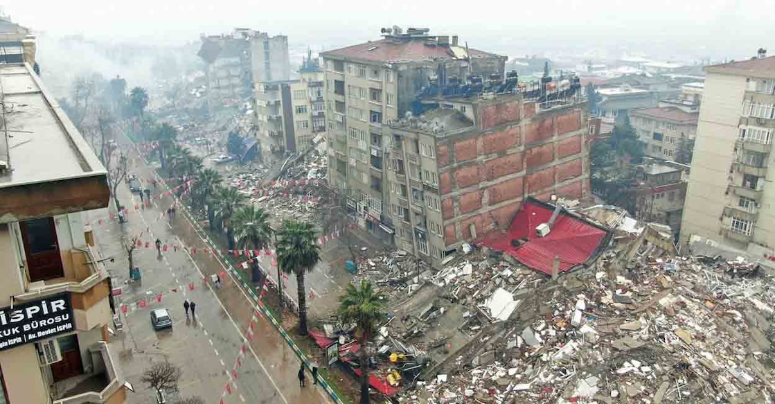 A general view shows damaged and collapsed buildings after an earthquake in Kahramanmaras, Turkey February 6, 2023. Ihlas News Agency (IHA) via REUTERS
