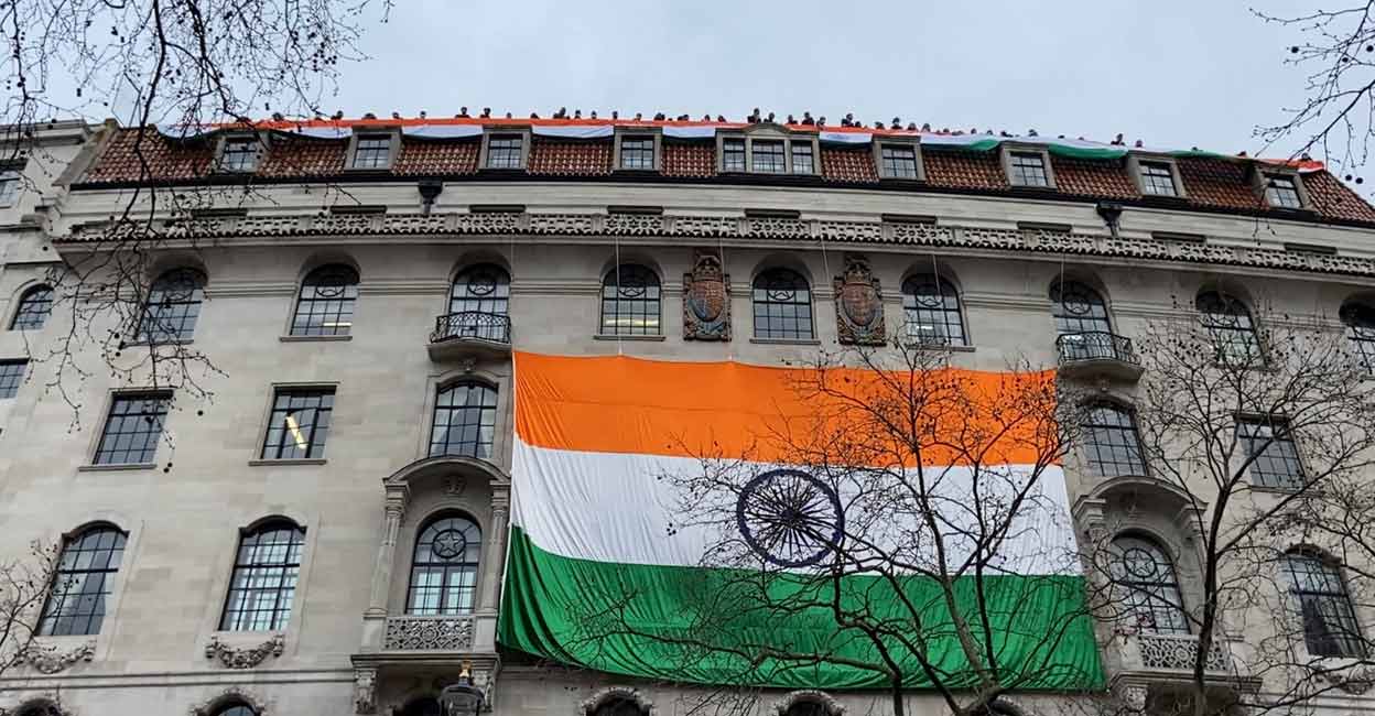 PTI03_22_2023_000456A A long Tiranga was unfurled from the rooftop to accompany multiple tricolours adorning the facade of India House in London, in retaliation of the pro-Khalistan protest, Wednesday, March 22, 2023. (PTI Photo)