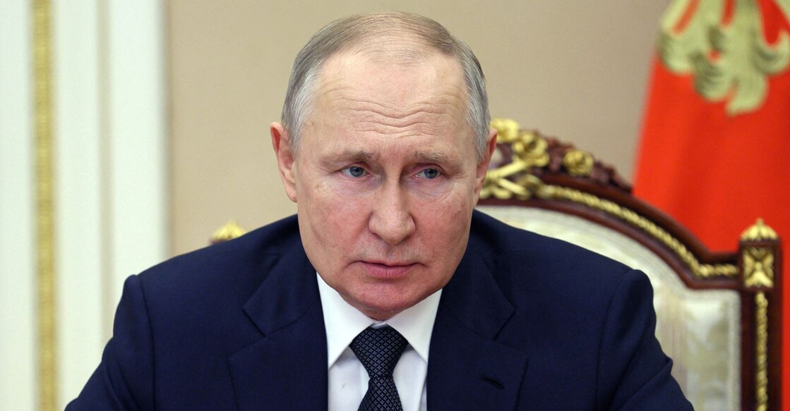 Russian President Vladimir Putin chairs a meeting with members of the Security Council via a video link in Moscow on Friday. Photo: REUTERS/ Alexei Babushkin
