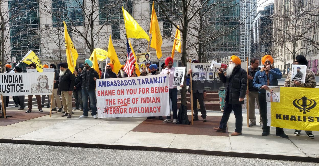 Khalistan supporters protest outside Indian Embassy in Washington, USA. Photo: PTI