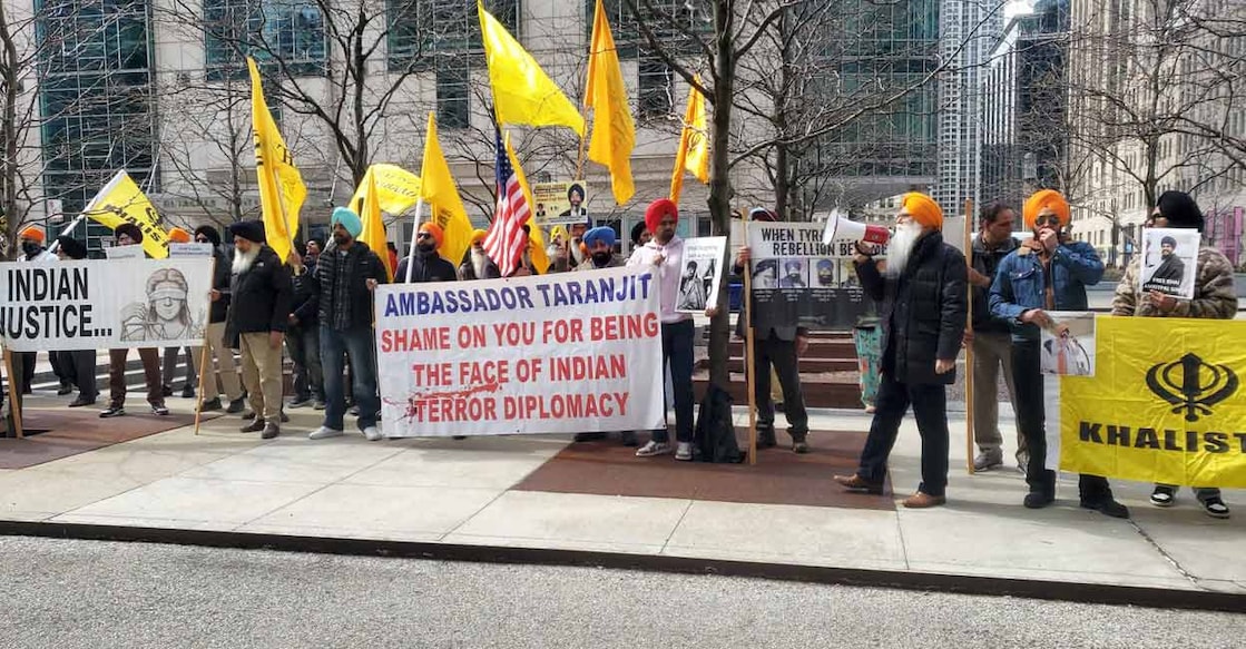 PTI03_26_2023_000013B Khalistan supporters protest outside Indian Embassy in Washington.