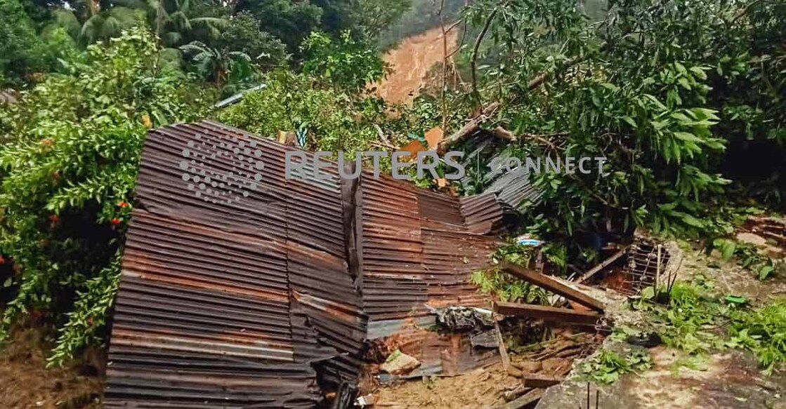 A view of a damaged house that was affected by a landslide in Natuna, Riau islands province, Indonesia, March 6, 2023. Photo: Antara Foto/HO-Koramil 06/via REUTERS