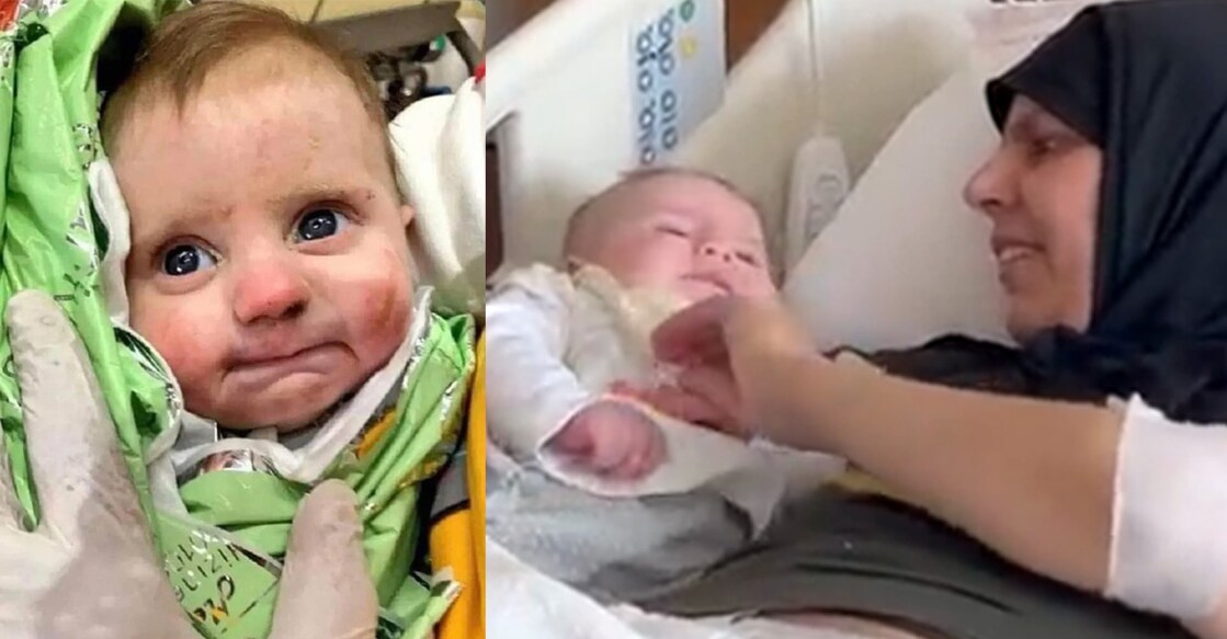 The 'miracle baby' soon after being rescued from the rubble 128 hours since the earthquake in Turkey in early Februay (left). Aya reunited with her mother. 