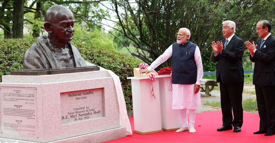 Gandhi bust The Mahatma Gandhi bust was gifted by India to Hiroshima as a symbol of friendship and goodwill between India and Japan. Photo: Twitter/Narendra Modi