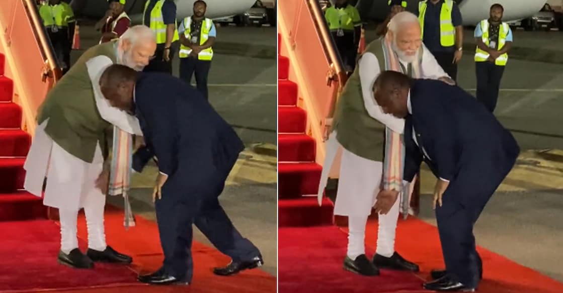Papua New Guinea Prime Minister James Marape touched the feet of Indian PM Narendra Modi and got a pat in the back from the latter. Photos: Screengrab/Twitter@BJP4India