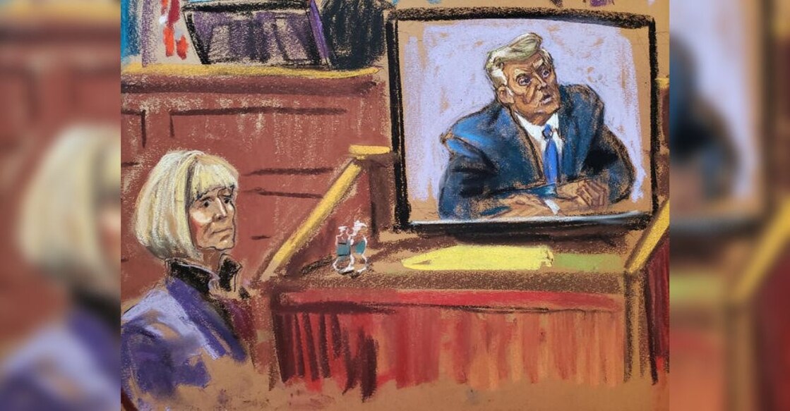 Former Elle magazine advice columnist E Jean Carroll watches as former US president Donald Trump's video deposition is played in court during a civil trial in New York, May 4, 2023 in this courtroom sketch. Photo: Reuters