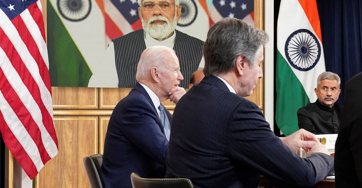 U.S. President Joe Biden, seated with U.S. Secretary of State Antony Blinken and India's Foreign Minister Subrahmanyam Jaishankar, holds a videoconference with India's Prime Minister Narendra Modi to discuss Russia's war with Ukraine from the White House in Washington. Photo: REUTERS/Kevin Lamarque/File Photo