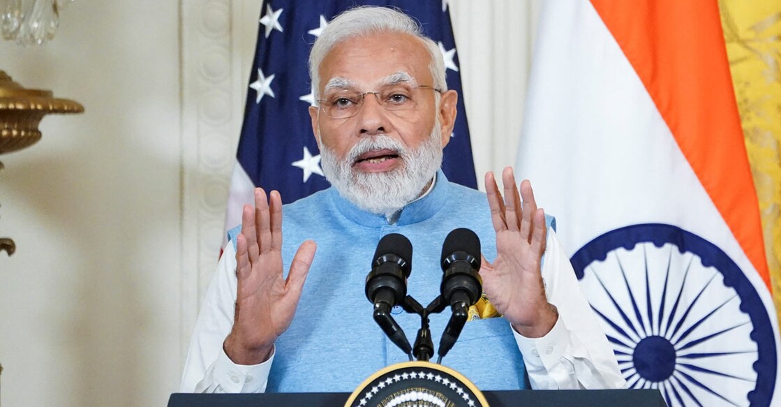 USA-INDIA-WHITE-HOUSE India’s Prime Minister Narendra Modi speaks during a joint press conference with U.S. President Joe Biden at the White House in Washington. REUTERS/Kevin Lamarque