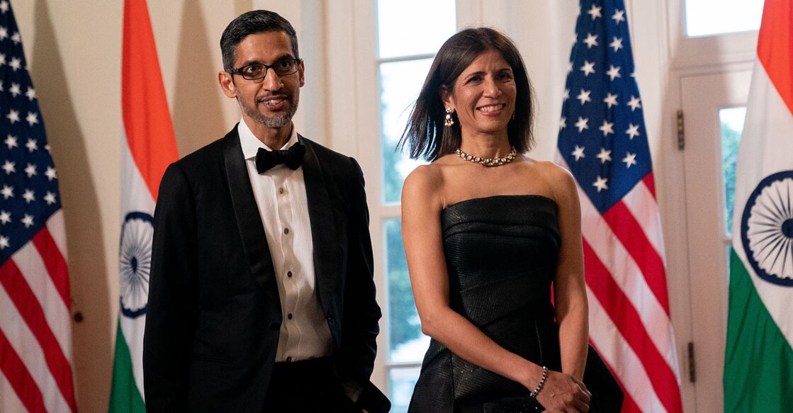 CEO of Alphabet Inc., Sundar Pichai (L) and and Anjali Pichai arrive for an official State Dinner in honor of India's Prime Minister Narendra Modi, at the White House in Washington, DC, on June 22, 2023. Photo: Stefani Reynolds / AFP