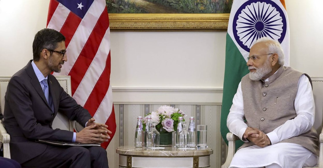 PTI06_24_2023_000016B Prime Minister Narendra Modi with the CEO of Google and Alphabet Sundar Pichai. Photo: PTI