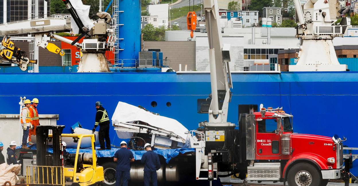 A view of the Horizon Arctic ship, as salvaged pieces of the Titan submersible from OceanGate Expeditions are returned, in St. John's harbour, Newfoundland. Photo: Reuters