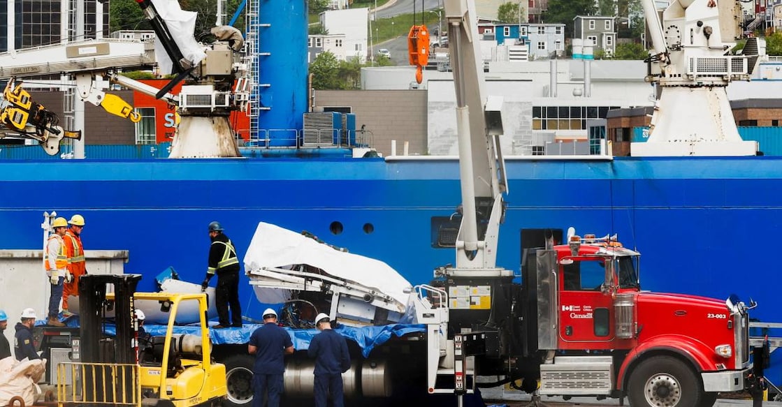 A view of the Horizon Arctic ship, as salvaged pieces of the Titan submersible from OceanGate Expeditions are returned, in St. John's harbour, Newfoundland. Photo: Reuters