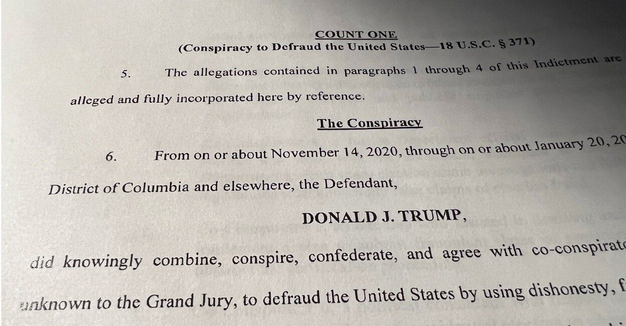 trump-add-1 Count One "Conspiracy to Defraud the United States," of an indictment against former US President Donald Trump, is seen after he was hit with criminal charges for a third time in four months - this time arising from efforts to overturn his 2020 US election defeat, in a photo illustration August 1, 2023. Photo: REUTERS/Kevin Fogarty/Photo Illustration