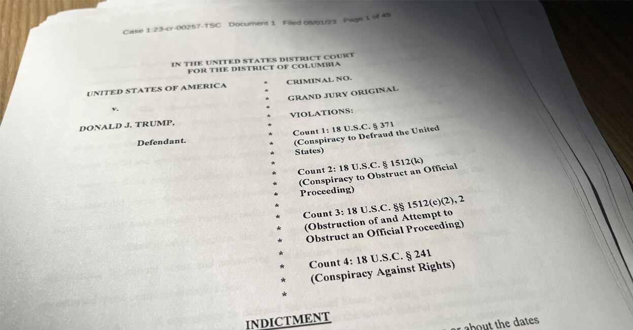 trump-add-2 The list of four charges on the openng page of an indictment against former US President Donald Trump is seen after he was hit with criminal charges for a third time in four months - this time arising from efforts to overturn his 2020 US election defeat, in a photo illustration August 1, 2023. Photo: REUTERS/Kevin Fogarty/Photo Illustration