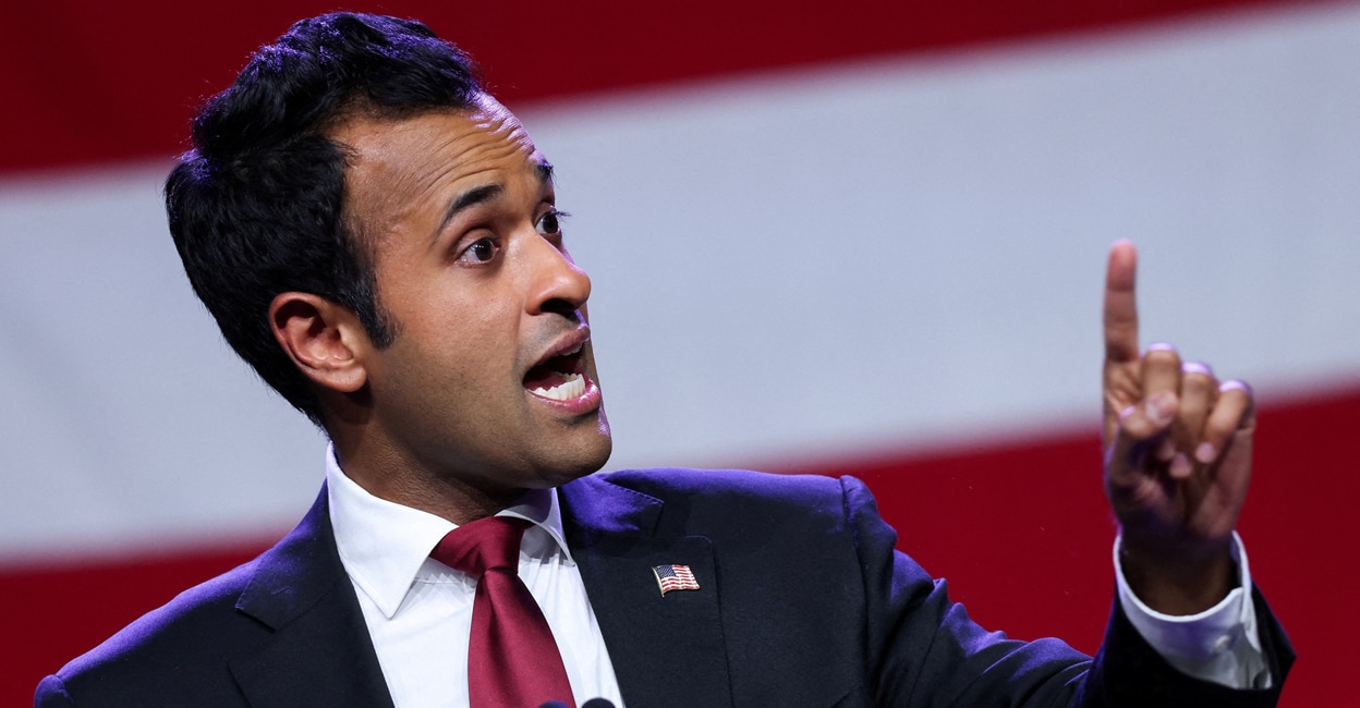 USA-ELECTION-REPUBLICANS-DEBATE Republican presidential candidate Vivek Ramaswamy speaks at the Republican Party of Iowa's Lincoln Day Dinner in Des Moines, Iowa, US on July 28, 2023. File photo: Reuters/Scott Morgan