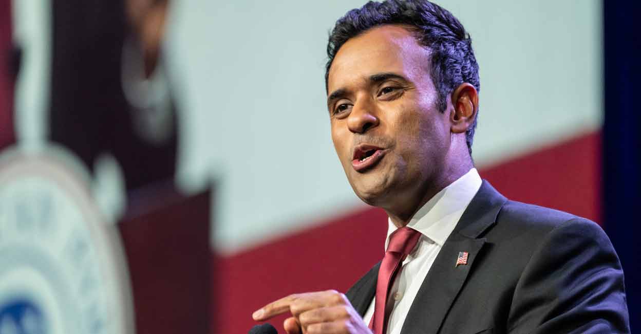 2024 Republican Presidential hopeful Vivek Ramaswamy speaks at the Republican Party of Iowa's 2023 Lincoln Dinner at the Iowa Events Center in Des Moines, Iowa, on July 28, 2023. Photo: Sergio FLORES / AFP