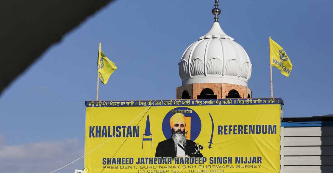 A banner with the image of Sikh leader Hardeep Singh Nijjar is seen at the Guru Nanak Sikh Gurdwara temple, site of his June 2023 killing, in Surrey, British Columbia, Canada September 20, 2023. Photo: REUTERS/Chris Helgren