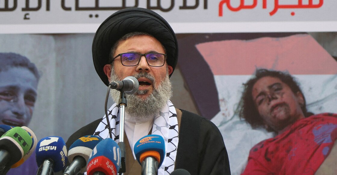 Hezbollah senior official Sayyed Hashem Safieddine speaks during a protes in Beirut's southern suburbs, Lebanon October 18, 2023. Photo: REUTERS/Mohamed Azakir/File Photo