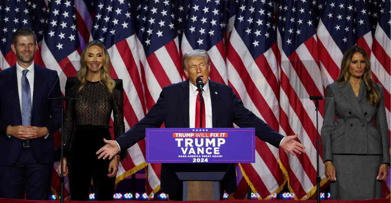 Republican presidential nominee and former U.S. President Donald Trump takes the stage with his wife Melania, his son Eric, and his daughter-in-law Lara, following early results from the 2024  Photo: REUTERS/Brendan McDermid