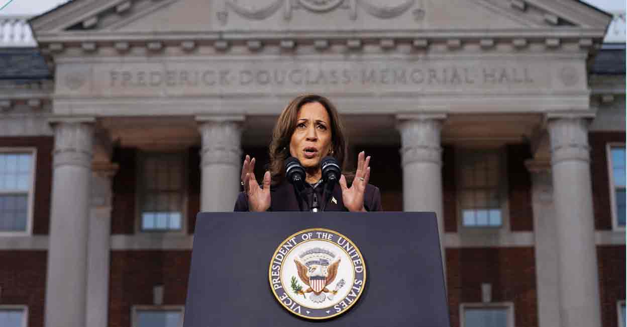 Democratic presidential nominee U.S. Vice President Kamala Harris delivers remarks, conceding 2024 U.S. presidential election to President-elect Donald Trump, at Howard University in Washington, U.S., November 6, 2024. Photo: REUTERS/Kevin Lamarque
