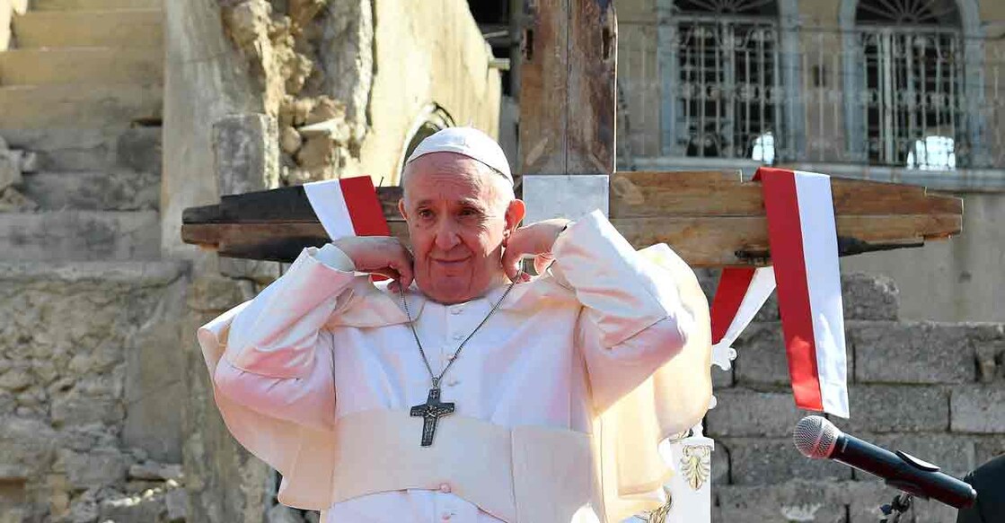 Pope Francis attends a prayer for war victims at 'Hosh al-Bieaa', Church Square, in Mosul's Old City, Iraq, March 7, 2021. File Photo: Vatican Media/­Handout via REUTERS