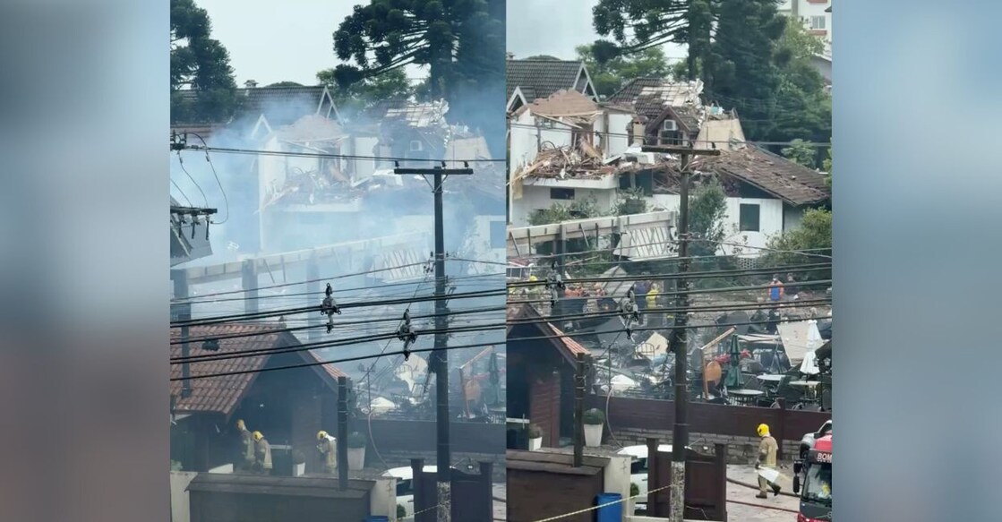 Firefighters work at the scene of damaged buildings, following a deadly small-plane crash, in the centre of Gramado, Rio Grande do Sul, Brazil, December 22, 2024 in this still image taken from social media video. Photo: Instagram @emanuelasampaio via Reuters