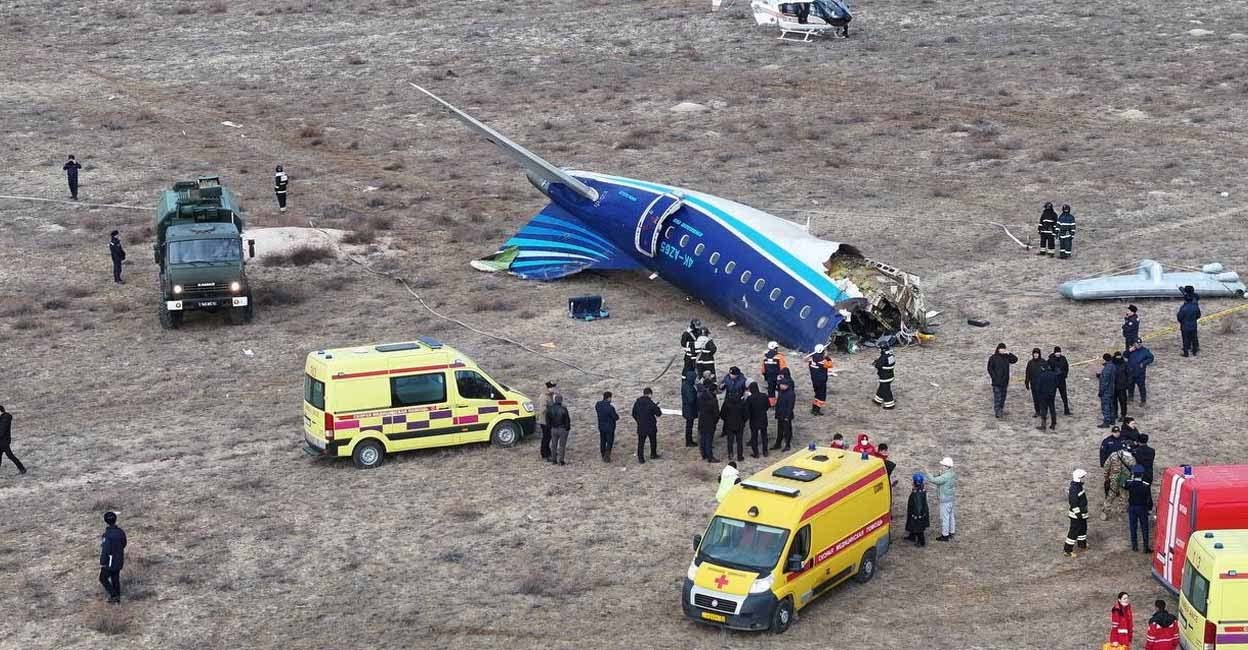 A drone view shows the crash site of an Azerbaijan Airlines passenger plane near the city of Aktau, Kazakhstan, on December 25, 2024. REUTERS/Azamat Sarsenbayev